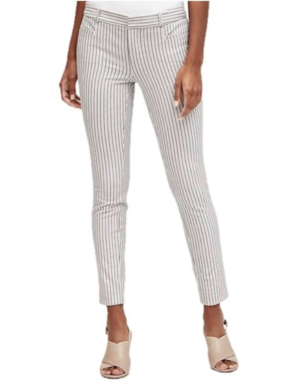 Striped Slim Ankle Pants - White with Black Pinstripes